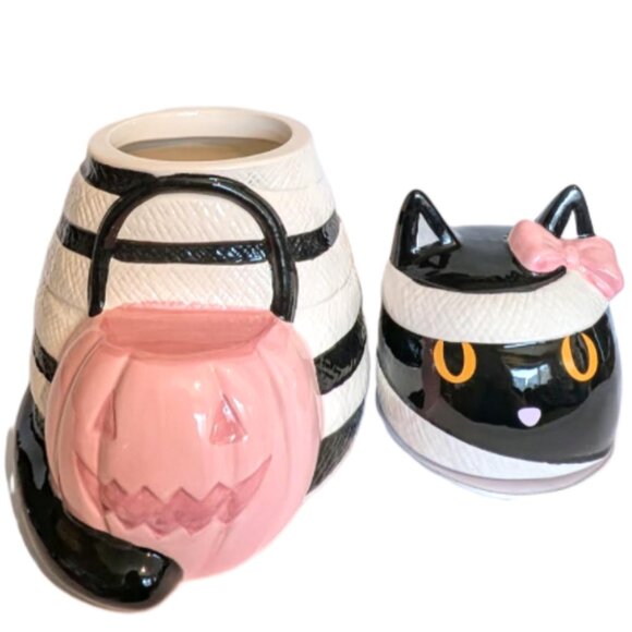 NWT Halloween White and Pink Mummy Cat Jar with Bow and Pumpkin Basket - Picture 5 of 6